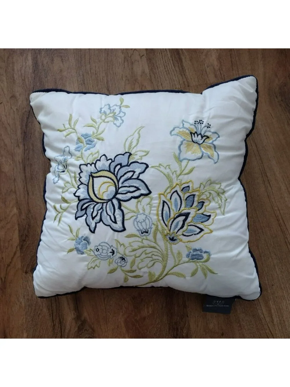 Embroidered Throw Pillow, Floral Blue Yellow Flowers, Modern Southern Home